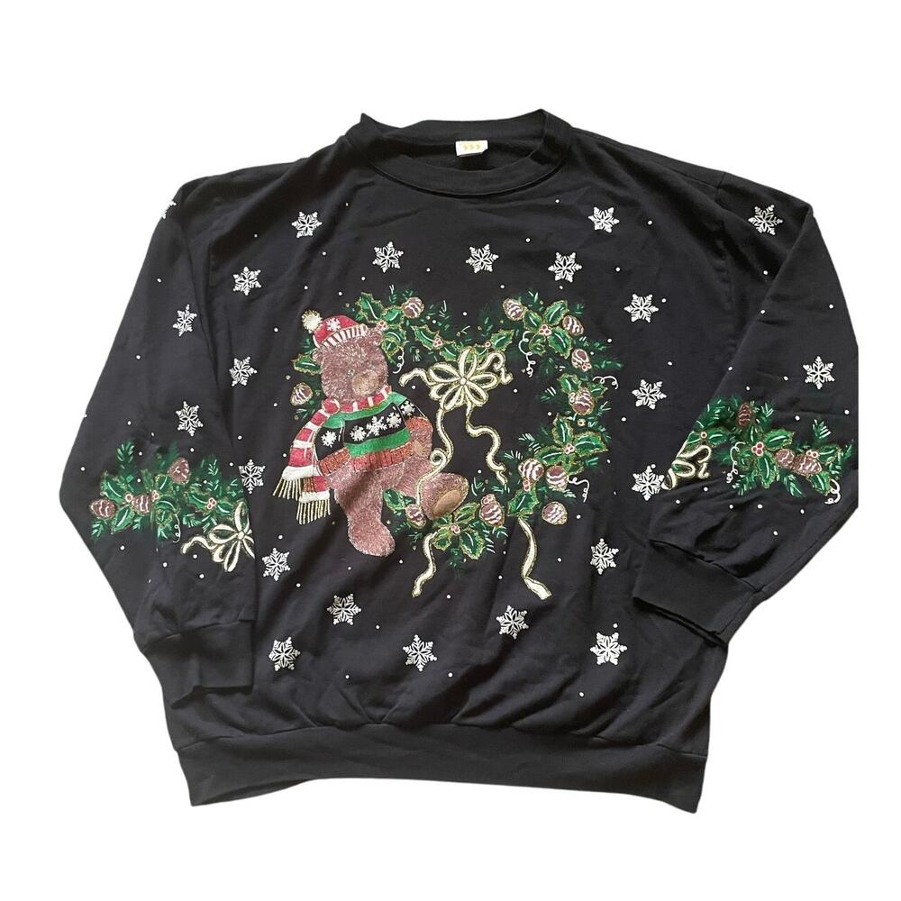 Holiday Teddy Bear Winter Sweater Size Large Sweater Wreath Loungewear